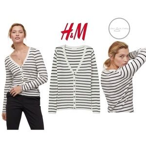 H & M Basics white and black striped v neck button down ribbed cardigan Medium